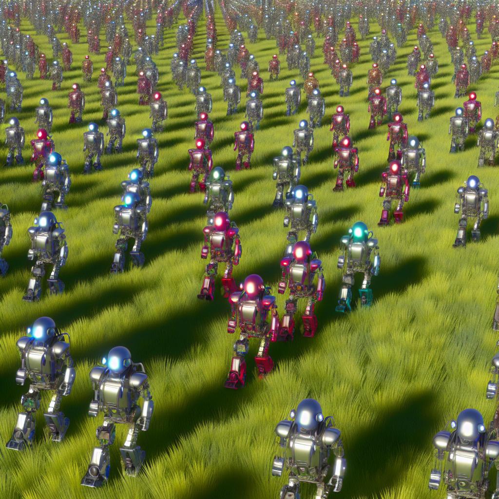 A field filled with robotic figures following set paths except for one brightly colored figure breaking away from the rest and exploring a different direction.