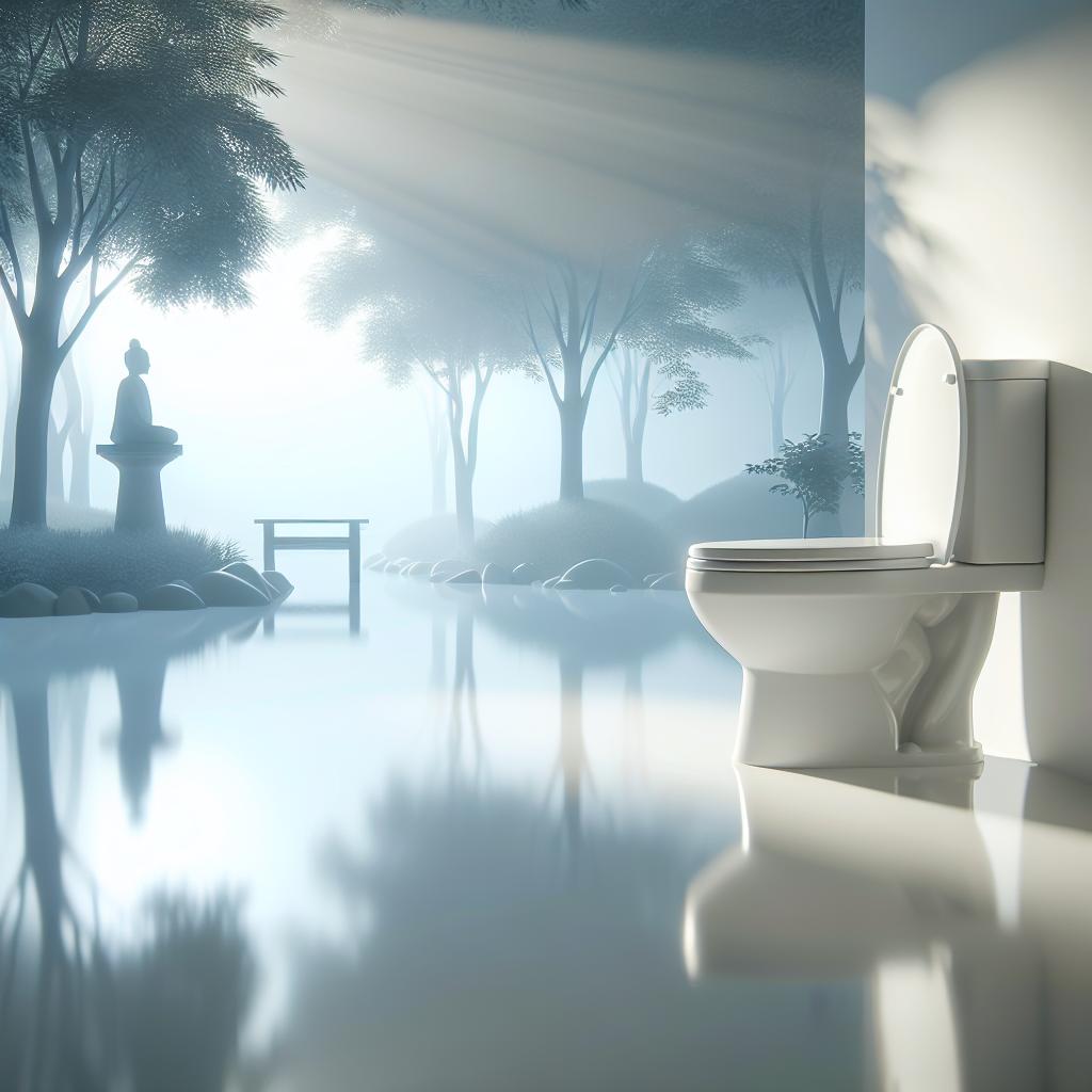 A serene restroom with a pristine white toilet reflecting the calm surroundings gracefully, inviting a moment of contemplation and solitude.