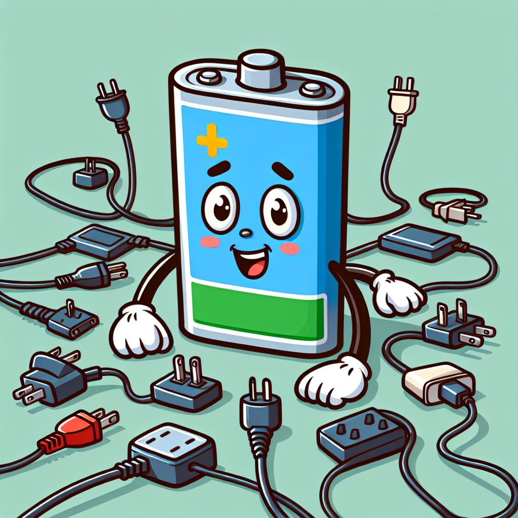 A cheerful cartoon battery with eyes looking exhausted, surrounded by unplugged chargers and power outlets.