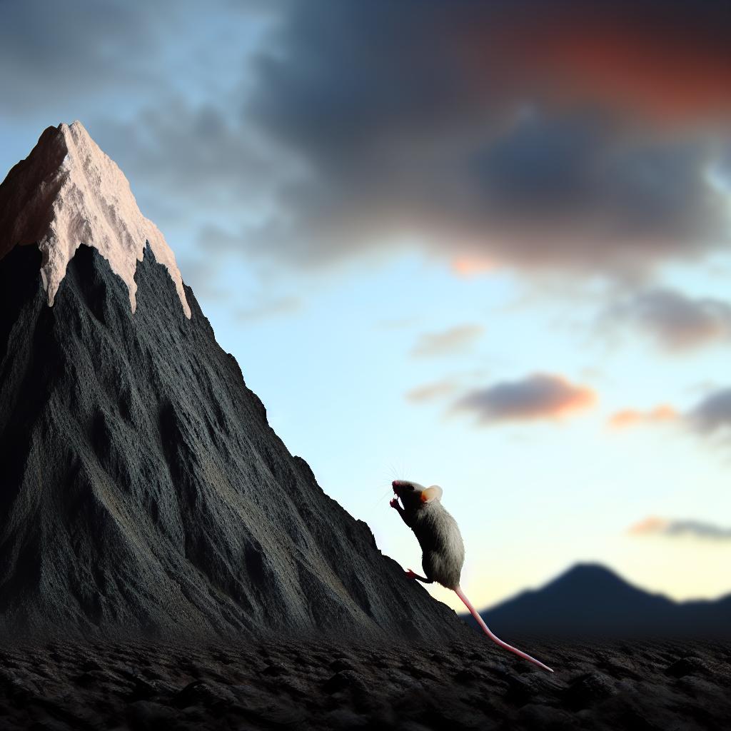 A small mouse climbing a huge mountain, symbolizing the power of persistence and determination.