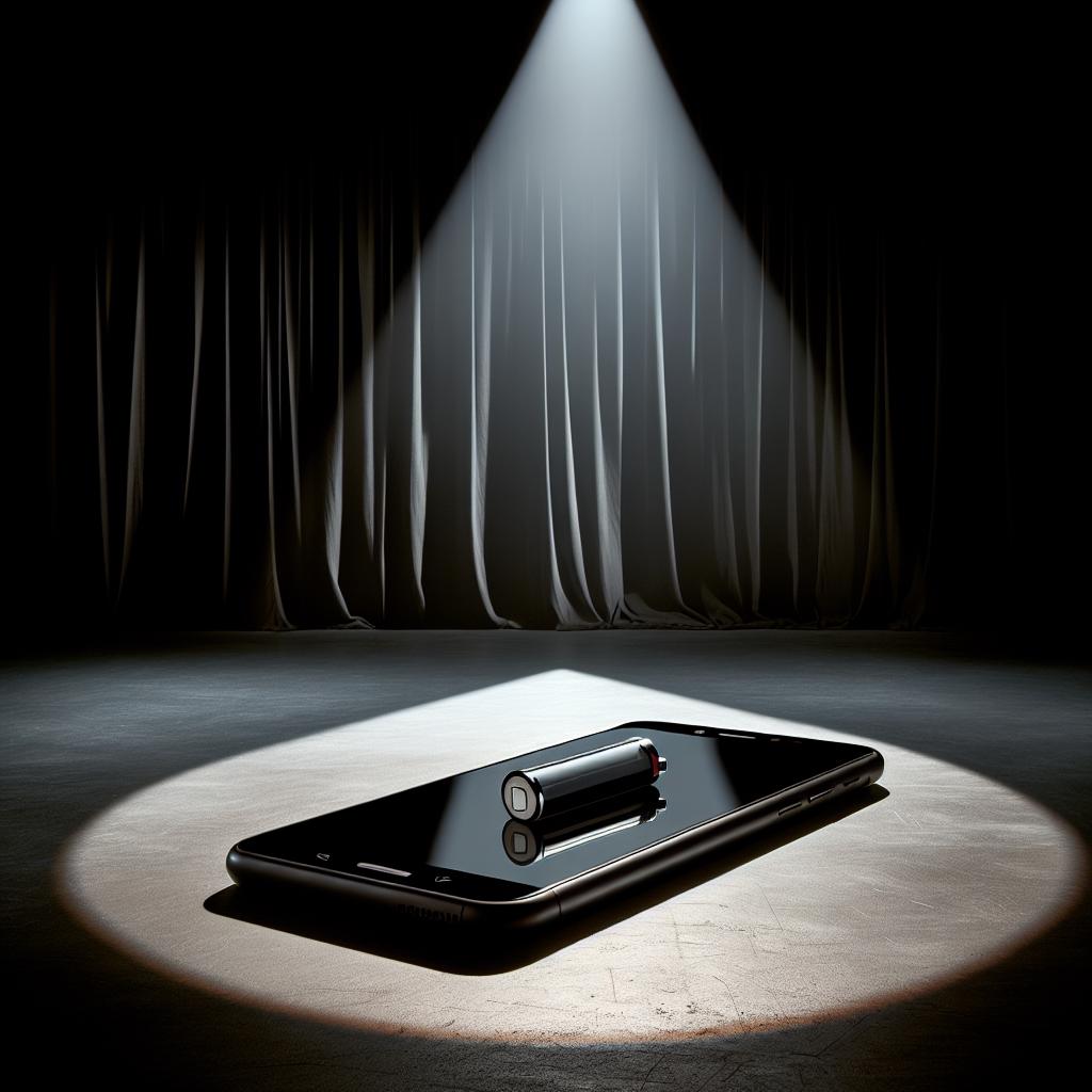 A smartphone lying facedown, casting a deep shadow, its depleted battery symbolizing a defeat onstage in a theatrical play.