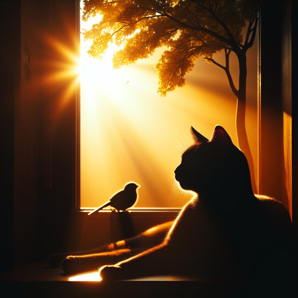 A silhouetted cat lounging in golden sunlight, looking out a window at a bird perched on a nearby tree, embodying a sense of graceful contentment and endless possibilities.