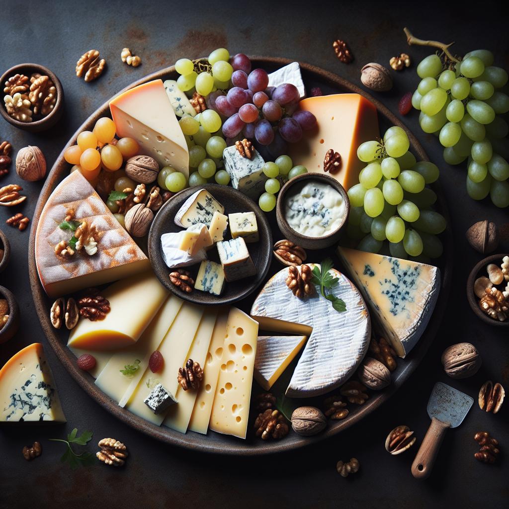 Imagine a beautiful charcuterie board with a variety of cheeses artistically arranged next to crisp grapes and nuts.