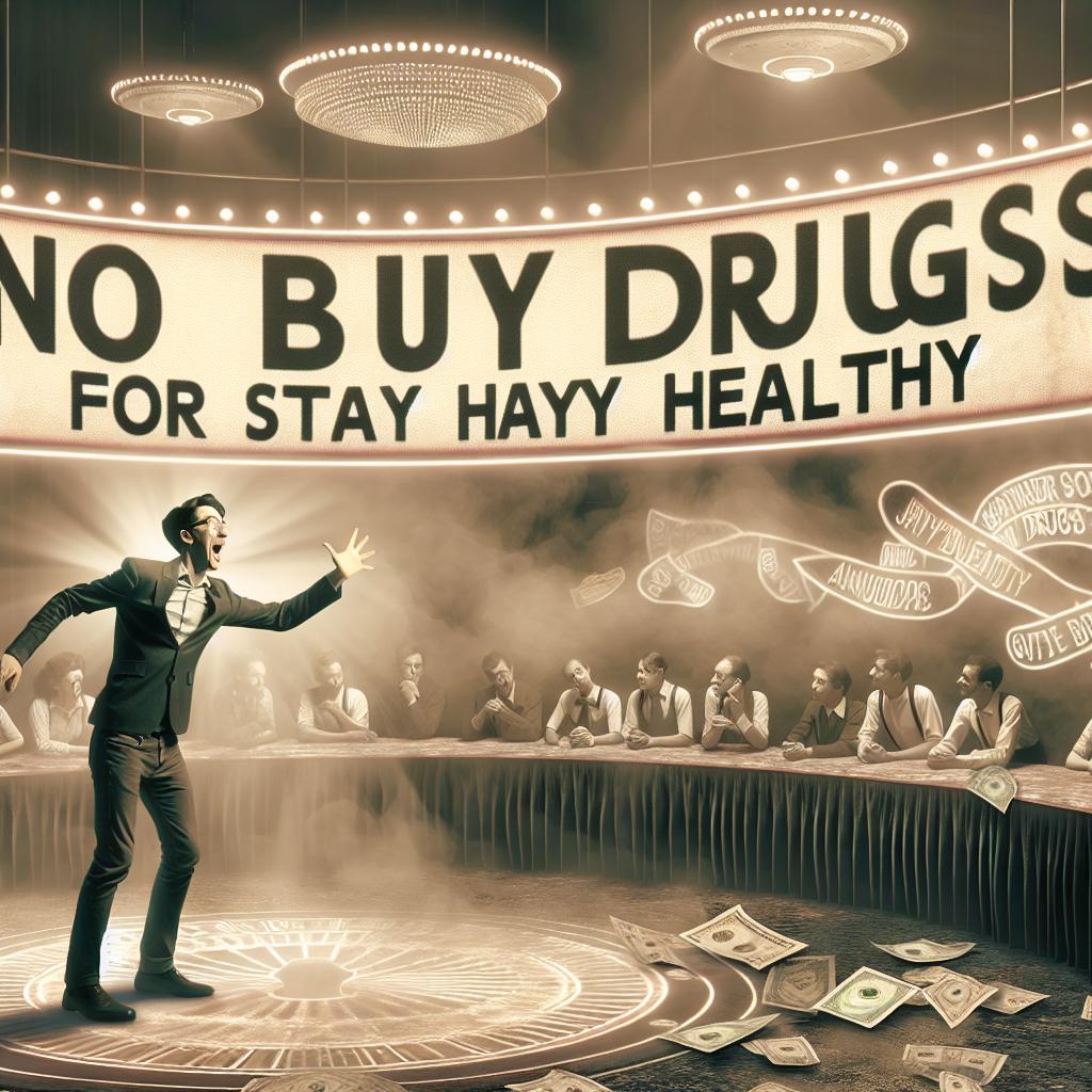 In a cluttered, smoky room, an enthusiastic but mistaken individual gestures towards a sign that says 'No buy drugs for stay healthy.'