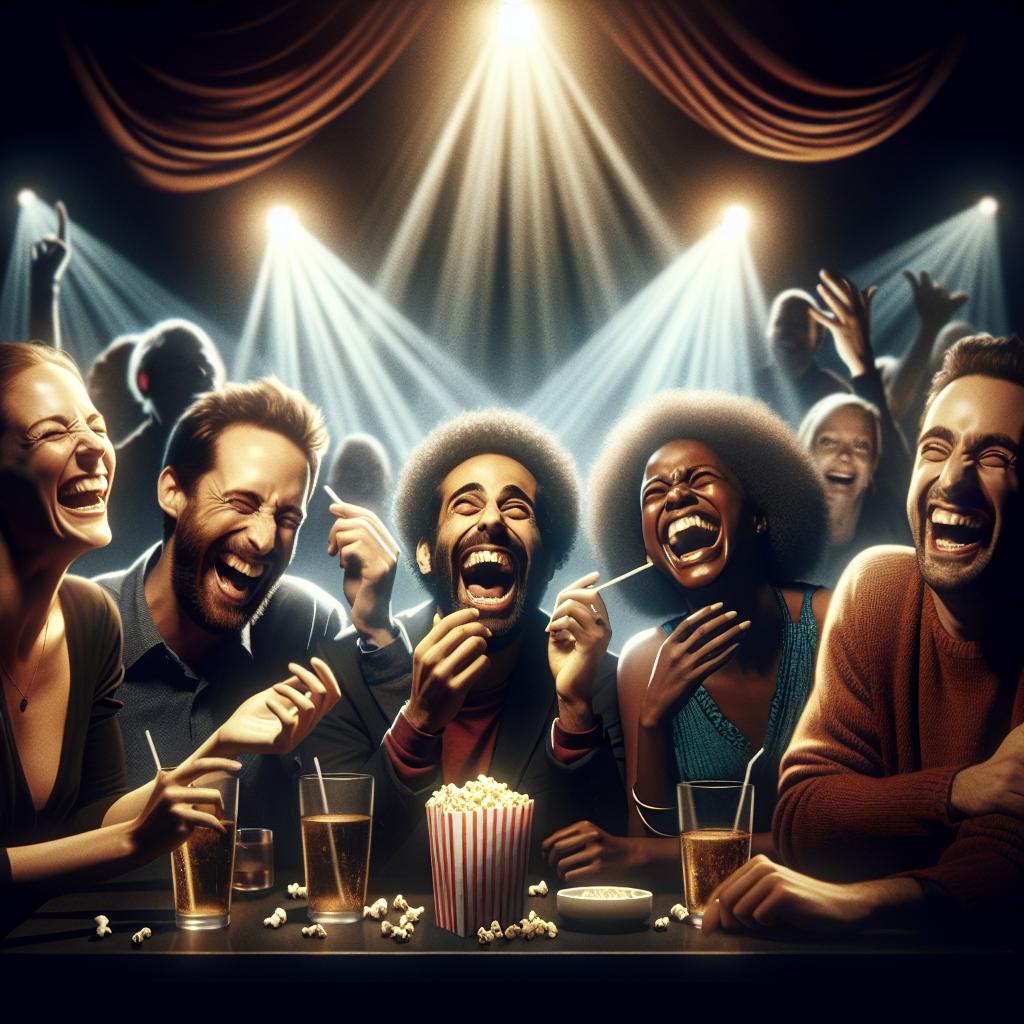 An image of a group of friends laughing uncontrollably and freely in a comedy club.