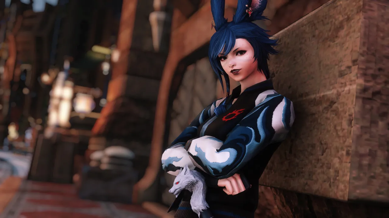 Female Viera leaning against wall