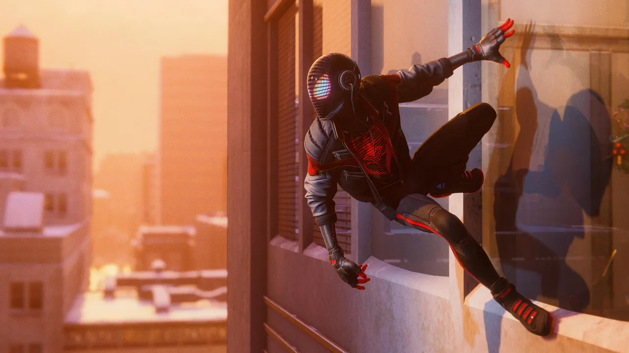 Spider-Man clinging to side of building