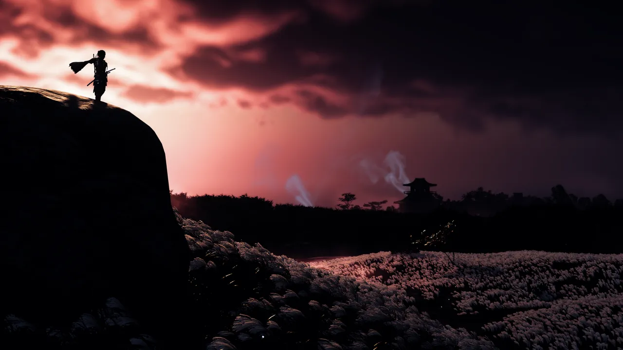 Jin watching a field illuminated by pink sunbreak rays