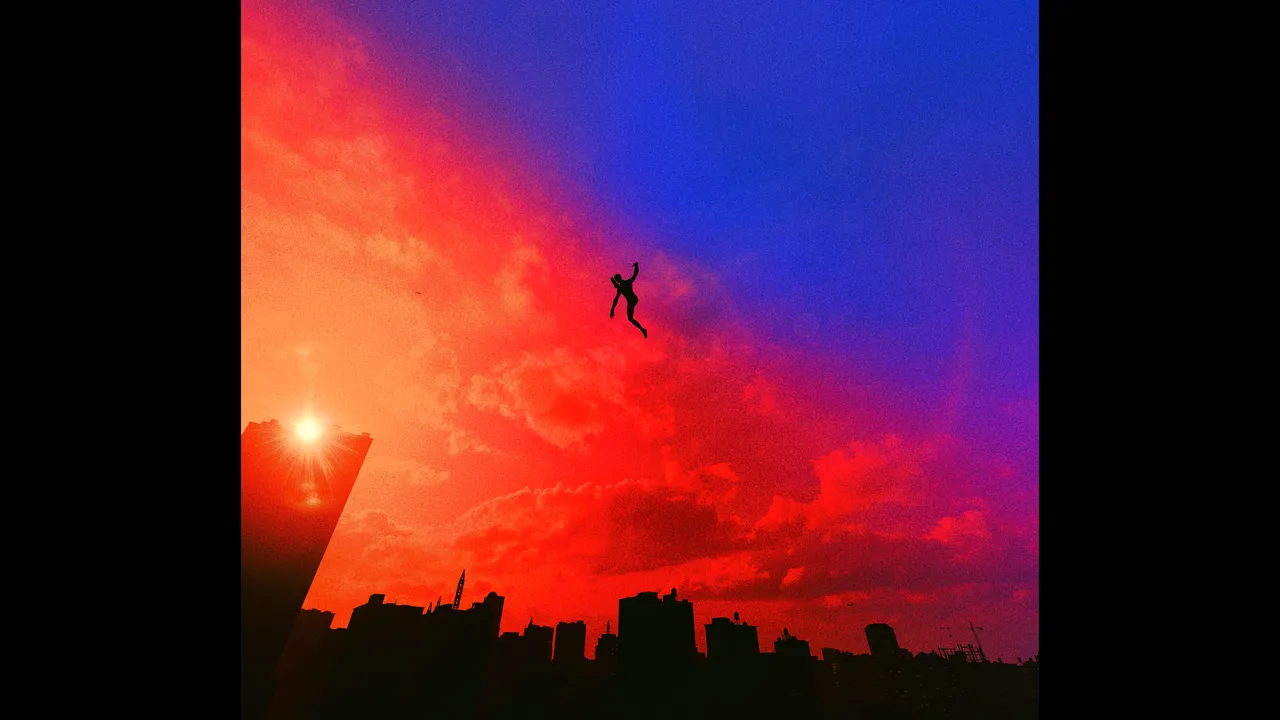 Multi colored sky while Spider-Man swings