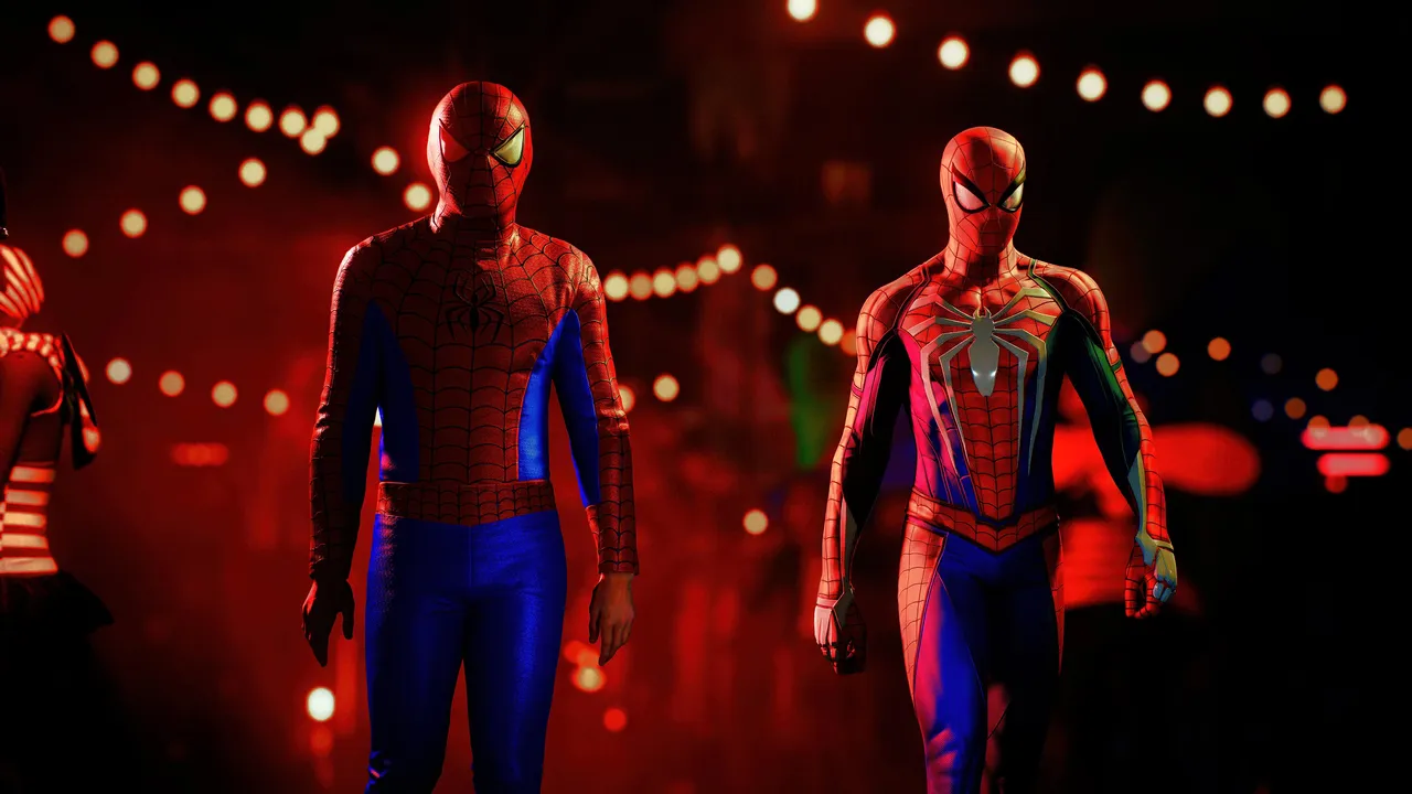 Spider-Man next to a cosplayer in red lighting
