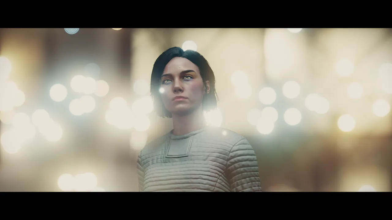 Portrait of a female player-character in the game Starfield with blurry points of light in front of a soft background.