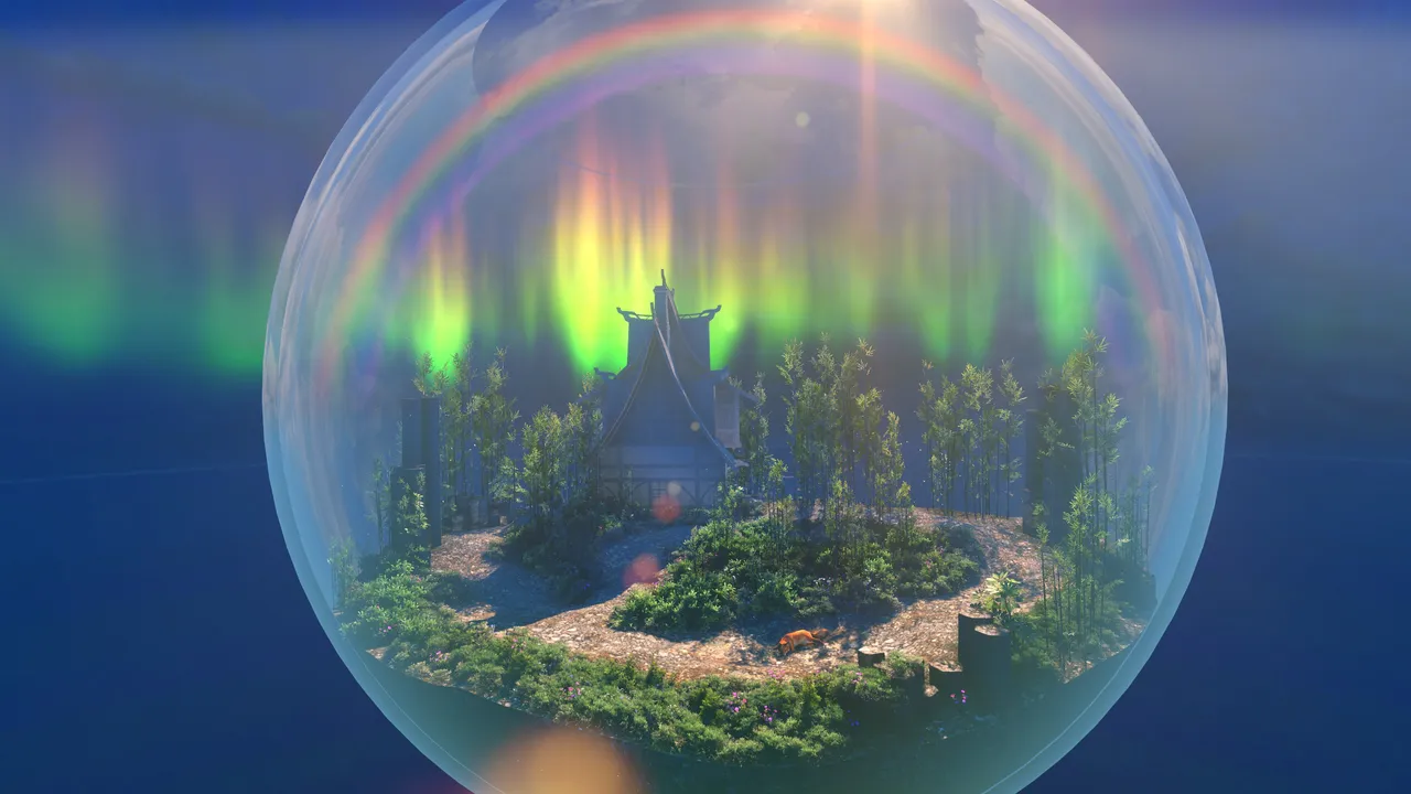 Fantasy landscape of small world in a fishbowl with bright colors and a fox.