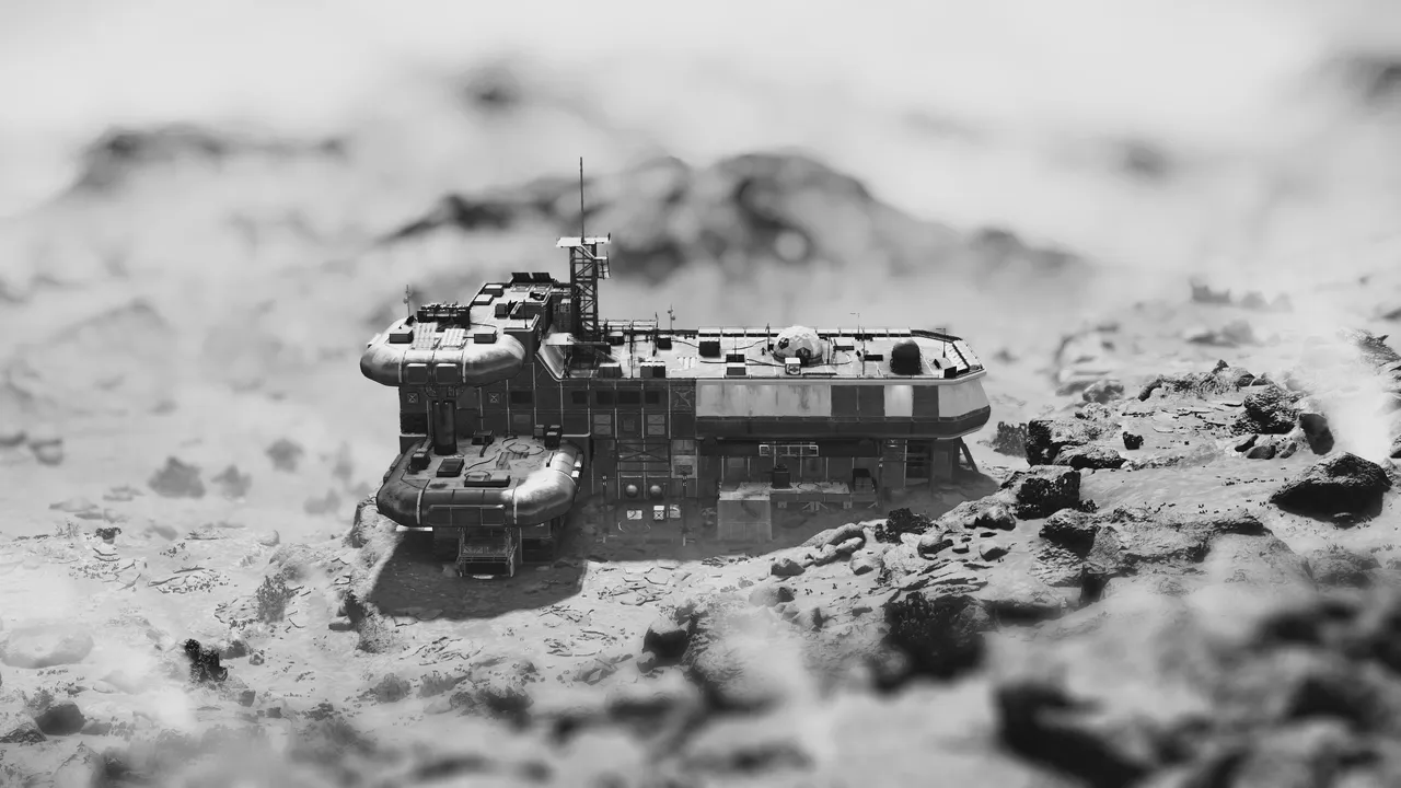 A black and white photograph of the Kreet Research Lab, an outpost on an alien planet in the video game Starfield.