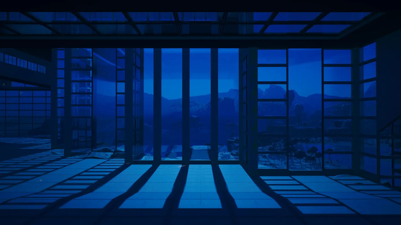 Blue moonlight casting shadows through windows in a large building. Mountains in the distance through the windows.