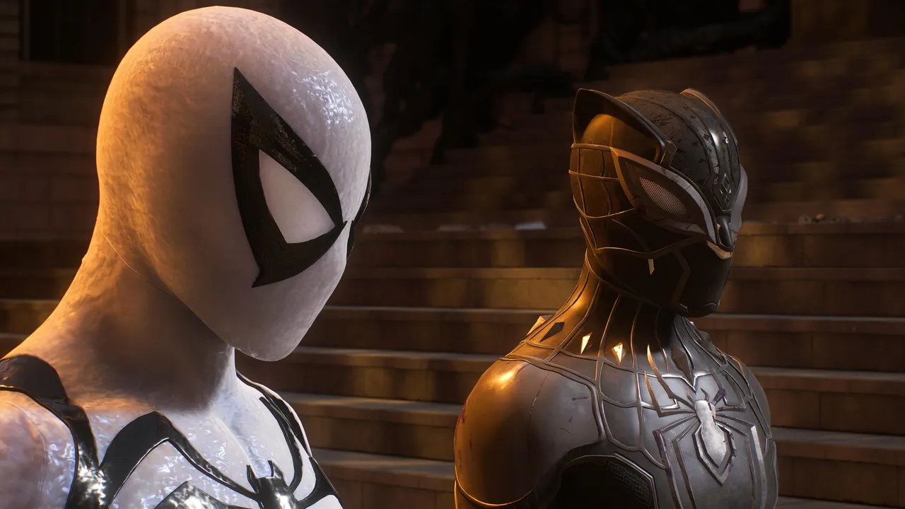anti-venom suite peter and forever suit miles standing next to each other