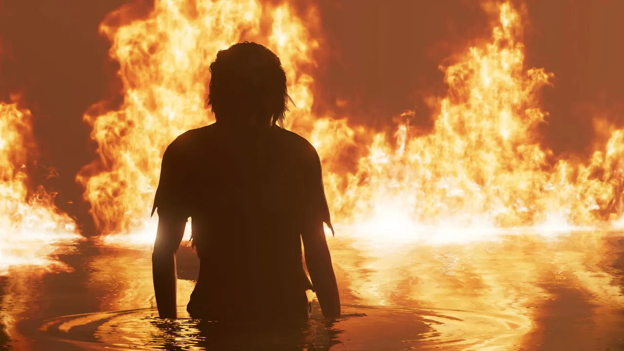 Lara coming out of water with fire behind her
