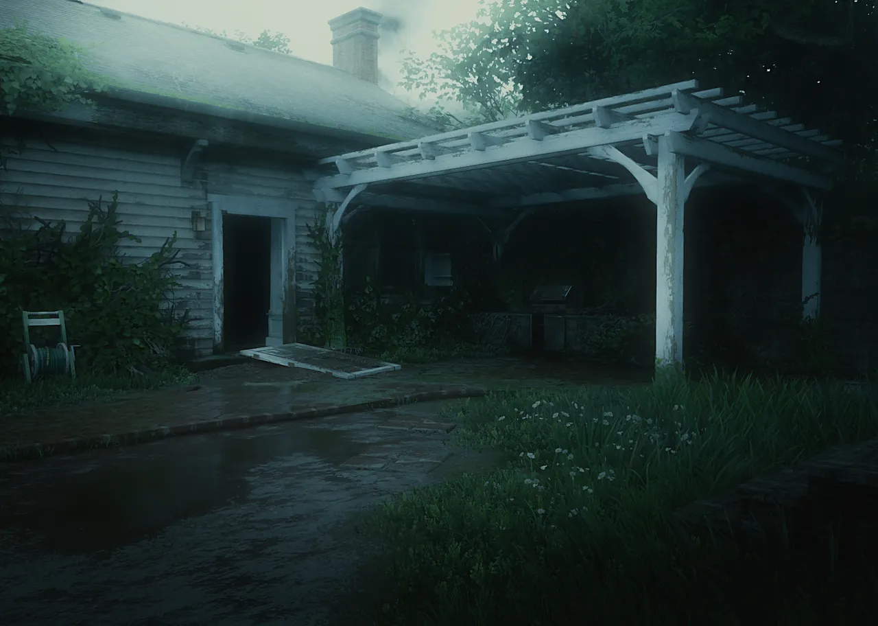 Overgrown house on a foggy day