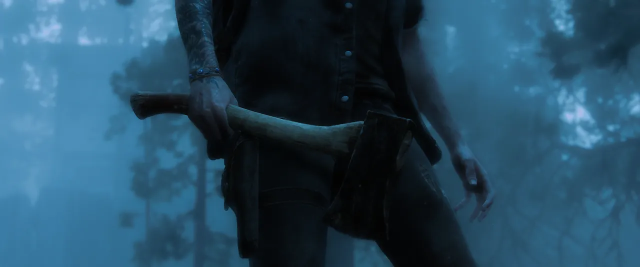 Ellie holding an axe with a firm grip