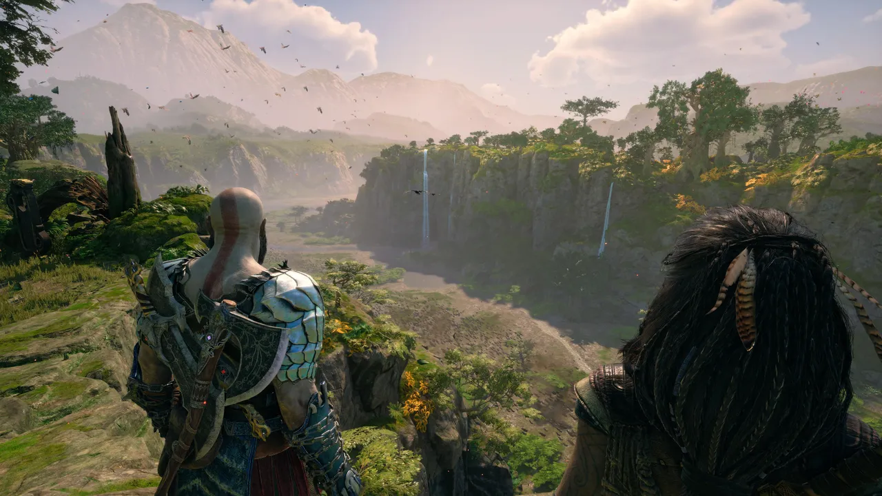 Kratos and Freya watch the sunrise in Vanaheim