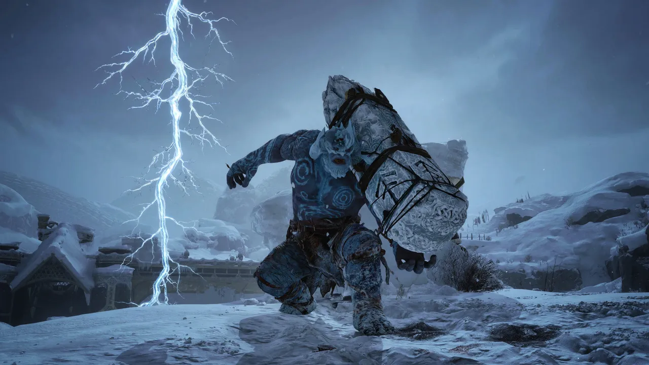 Ice Troll with frozen lightning bolt in background 