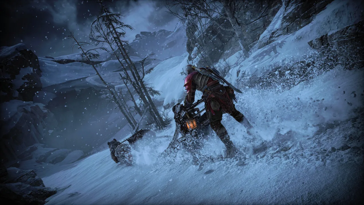 Kratos and Freya being pulled by a dog sled in the snow