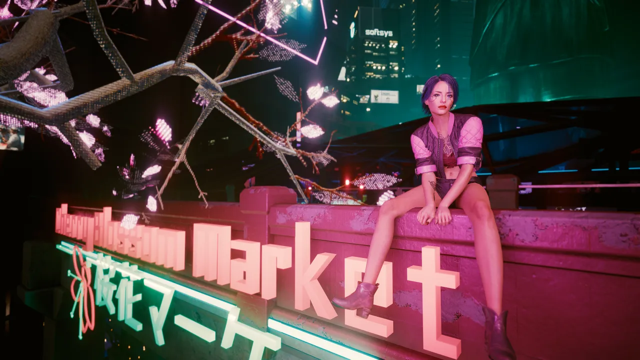 V sitting on an entrance with neon sign saying Cherry Blossom Market with the city view in the background