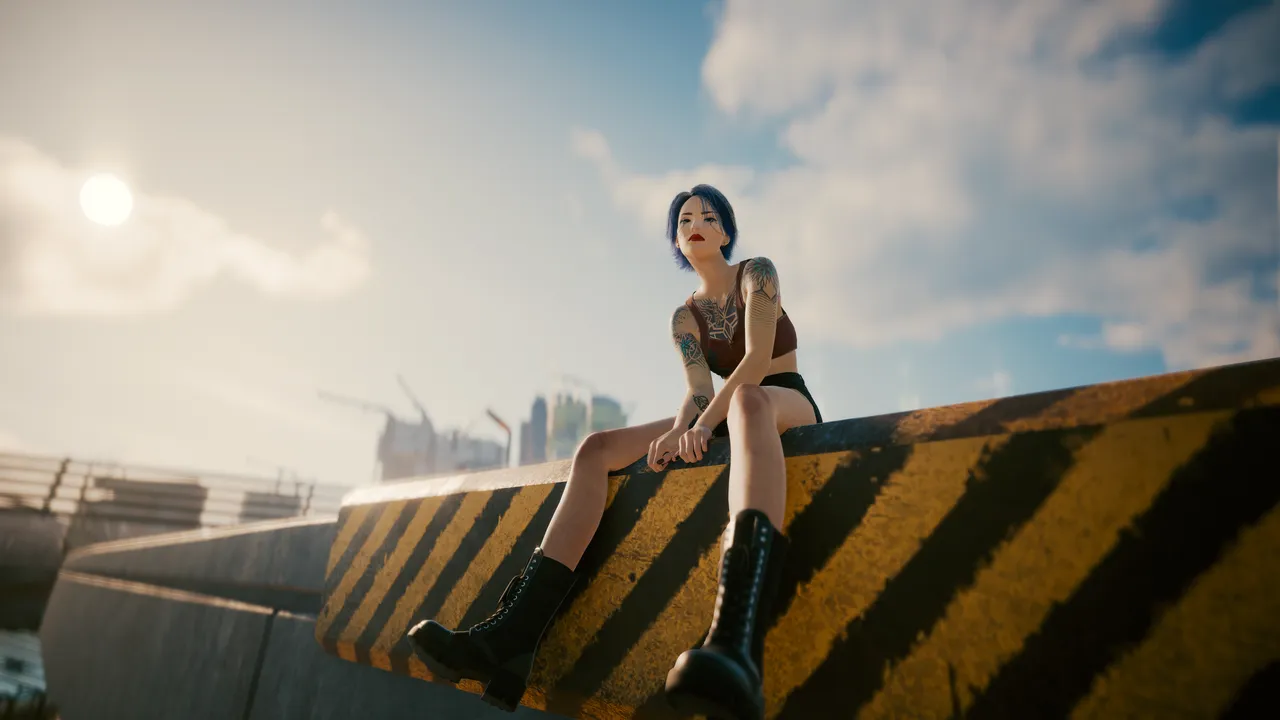 V sitting on a ledge of the overpass with the partially cloudy sky and the sun setting behind her