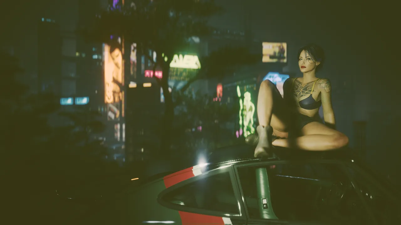V sitting on a Porsche with the neon signs of the city behind her.