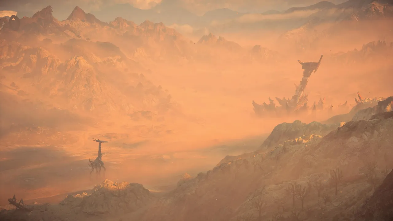 Landscape view of a mountainous desert with a tallneck walking towards a town