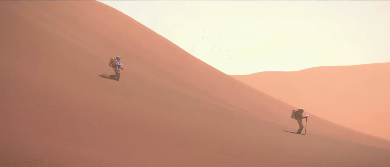 Two people walking through a desert 