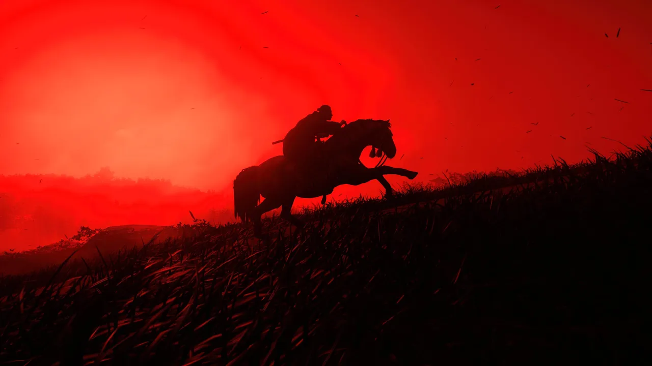 Riding a horse with red skies
