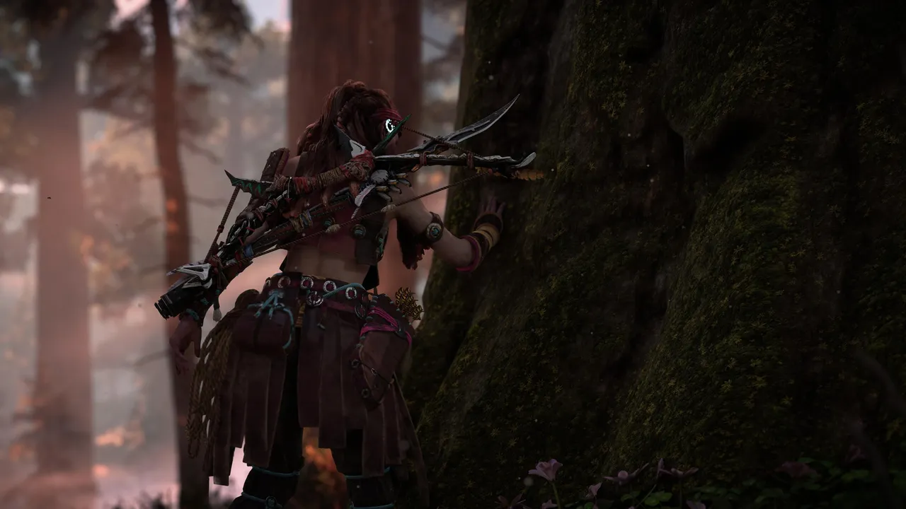 Aloy from Horizon touching a tree
