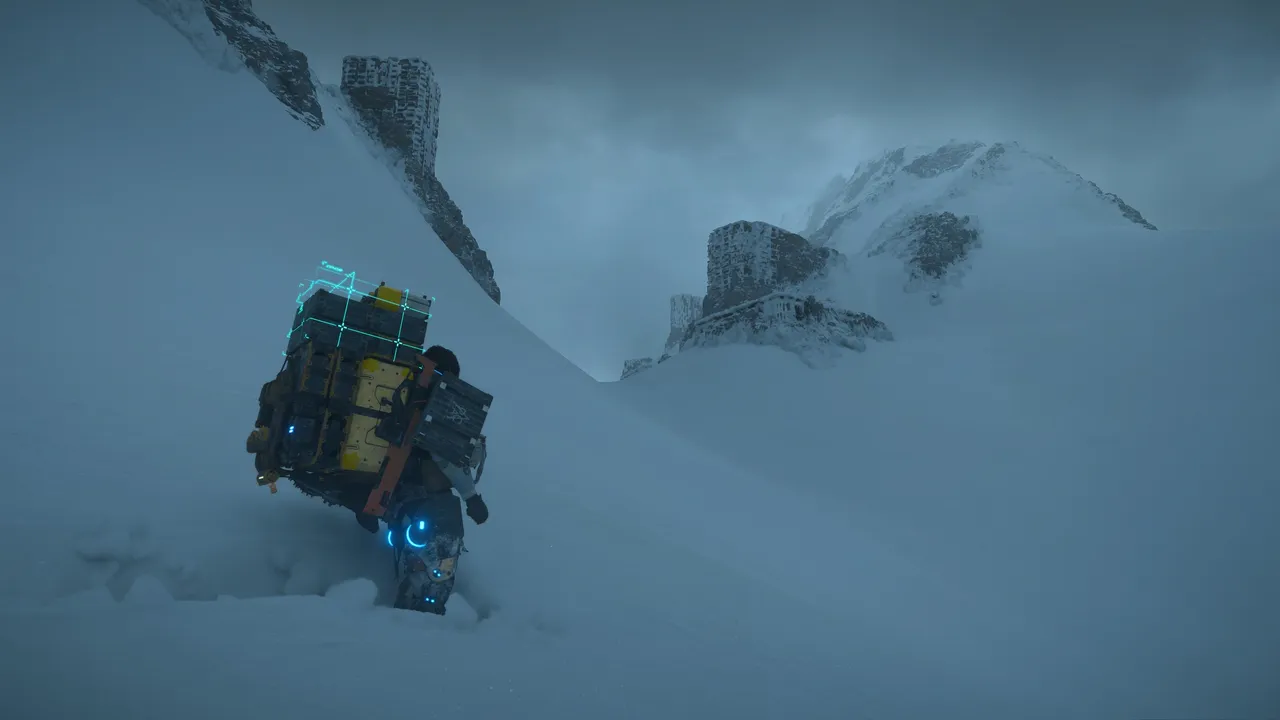 Sam claiming a snowy mountain looking at the ruins of former buildings