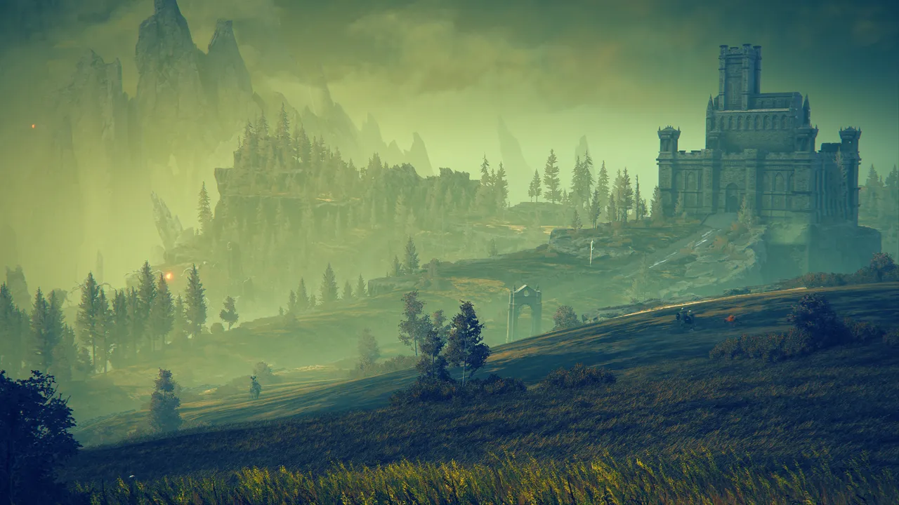 wide angle landscape of a slanted field with a large castle in the top right hand side