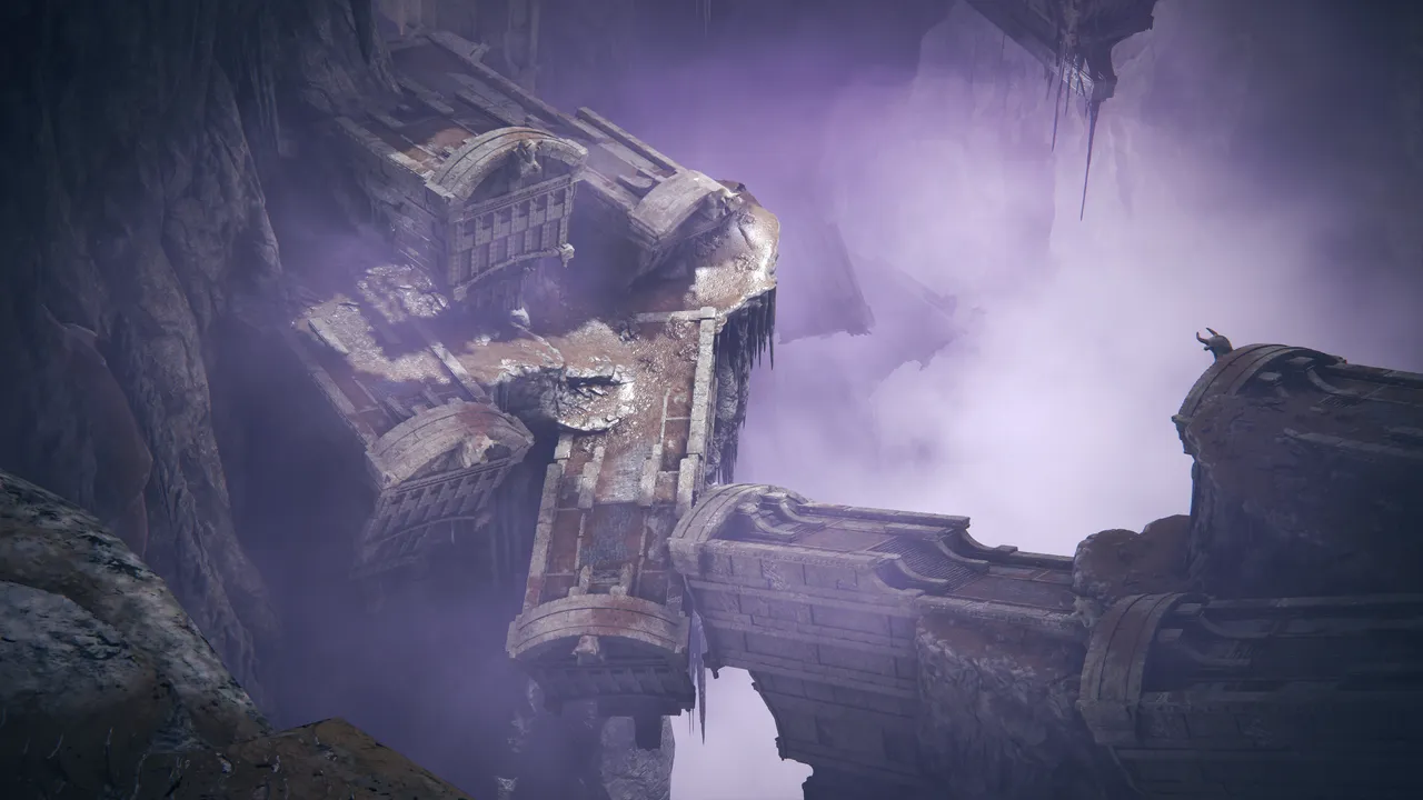 broken ruins of an old civilization in an underground cave surrounded by fog