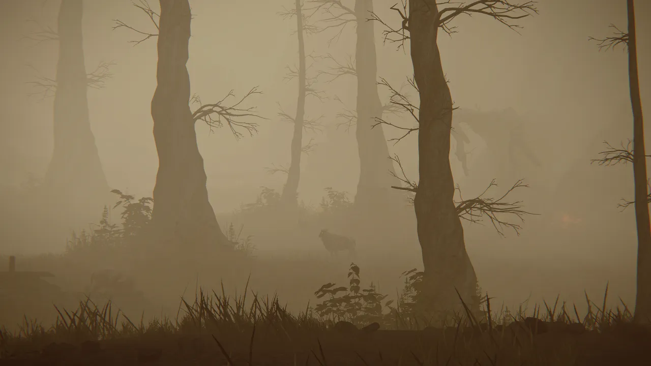 A foggy forest scene with wildlife mixed in with the fog and vegetation
