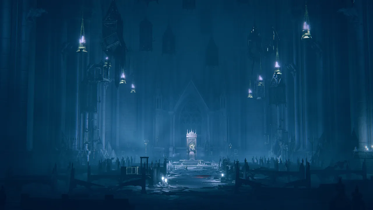man sitting in an empty throne room by himself with cool tone lighting