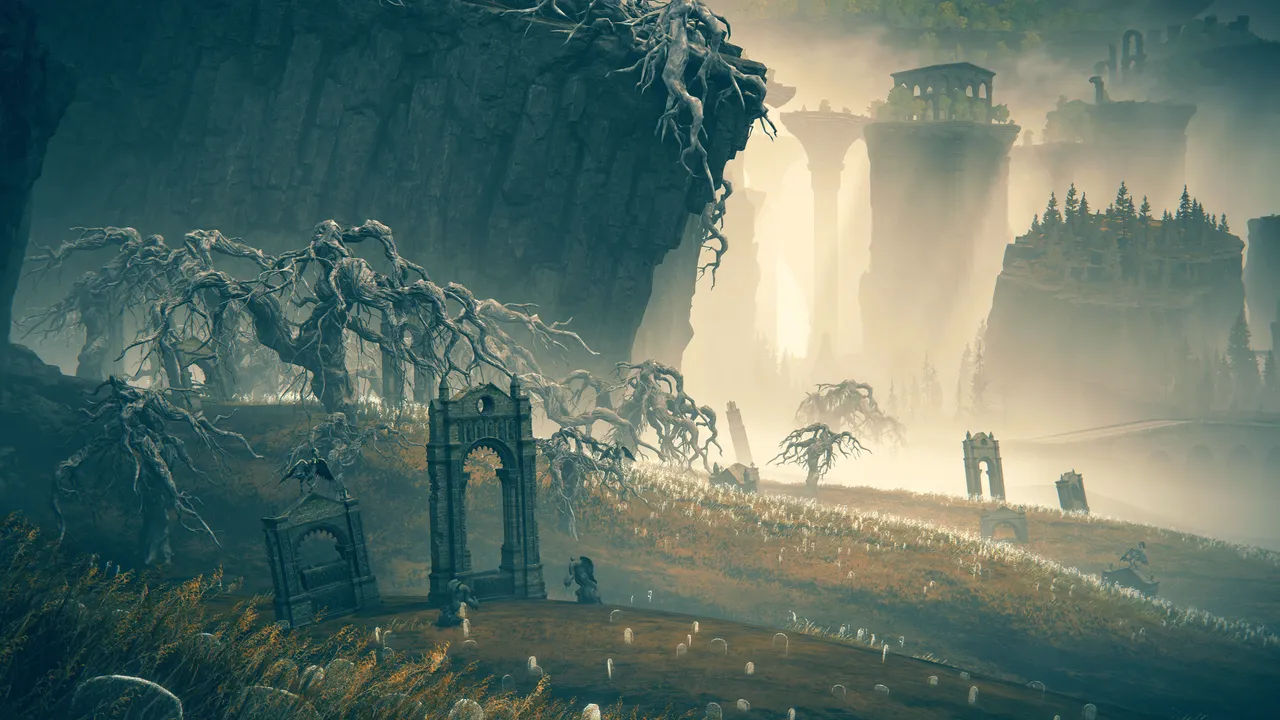 Landscape of gravestones and arches in the fog on a rolling field