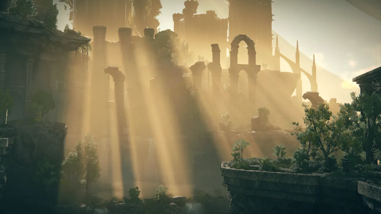 volumetric light rays beaming down on ancient ruins 