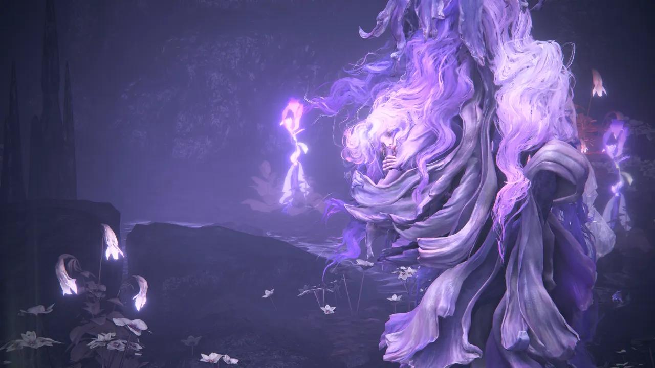 Character made of purple and pink rags of varying shades mixed with long hair amongst flowers