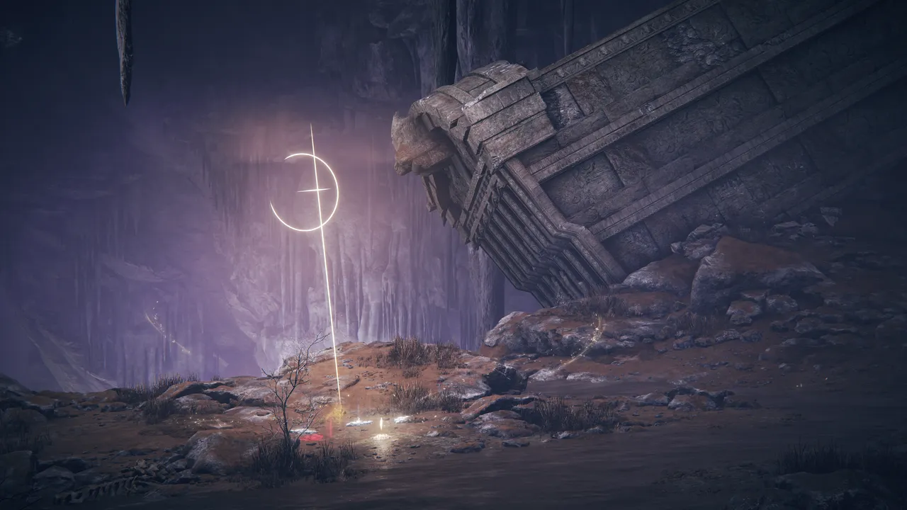 A glowing crescent symbol stuck into the ground amongst ruins