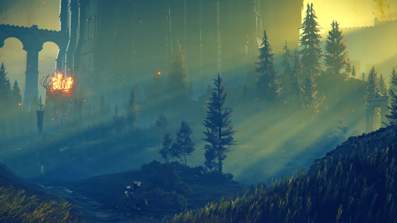 A morning scene in the hills of a landscape with rays of sunlight peeking through green and yellow fog