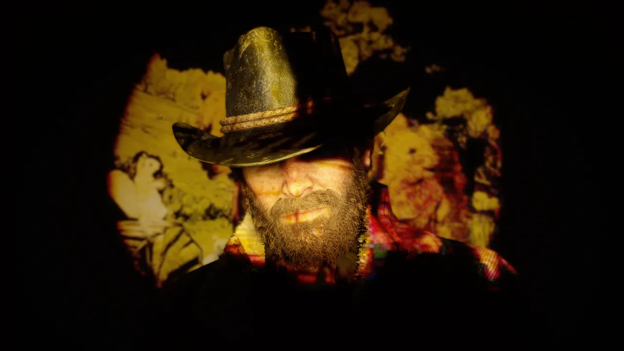 Arthur Morgan portrait, face lit up in yellow and red by projector