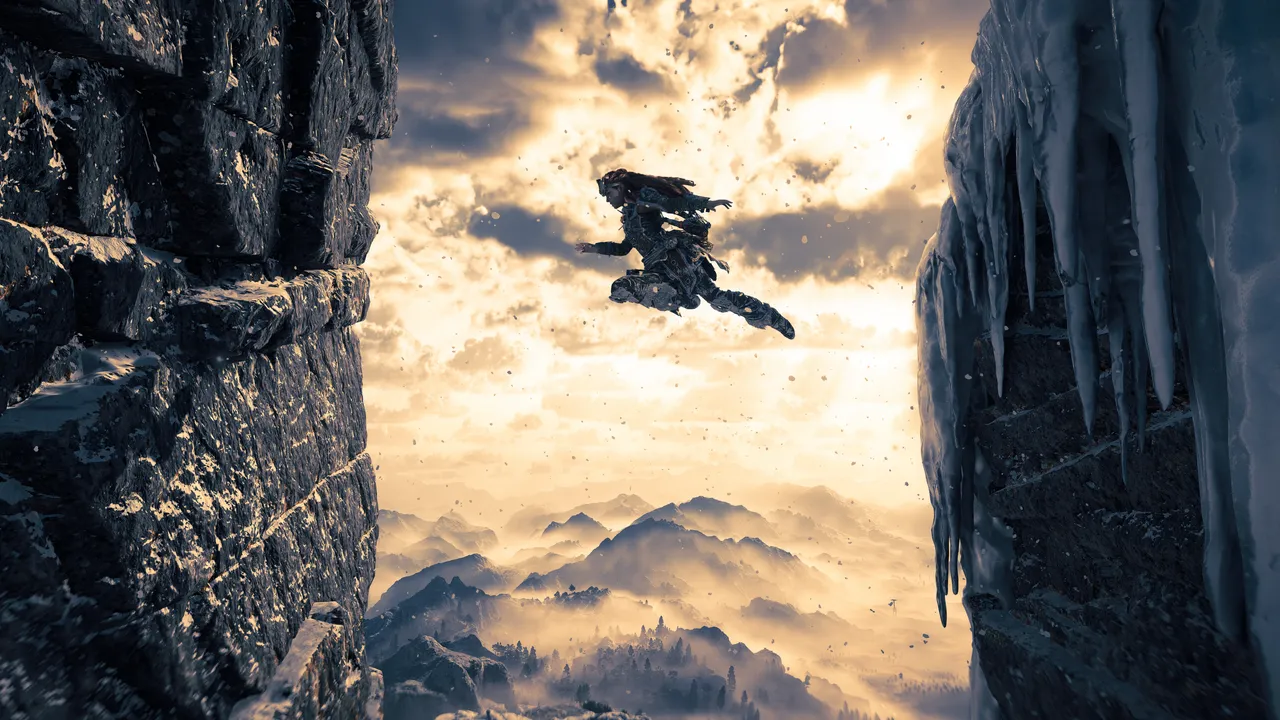 Aloy jumping between icy rocks with a sephia-like sky and mountains in the distance