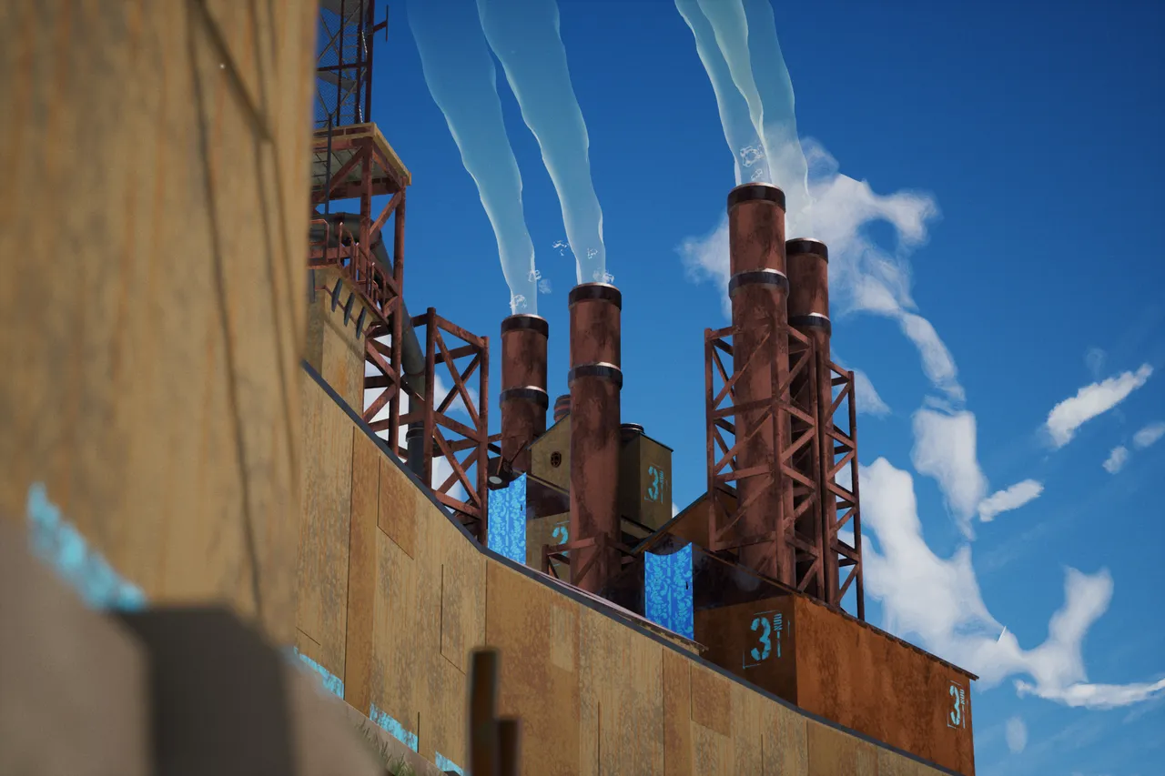 A set of smokestacks in front of a blue sky
