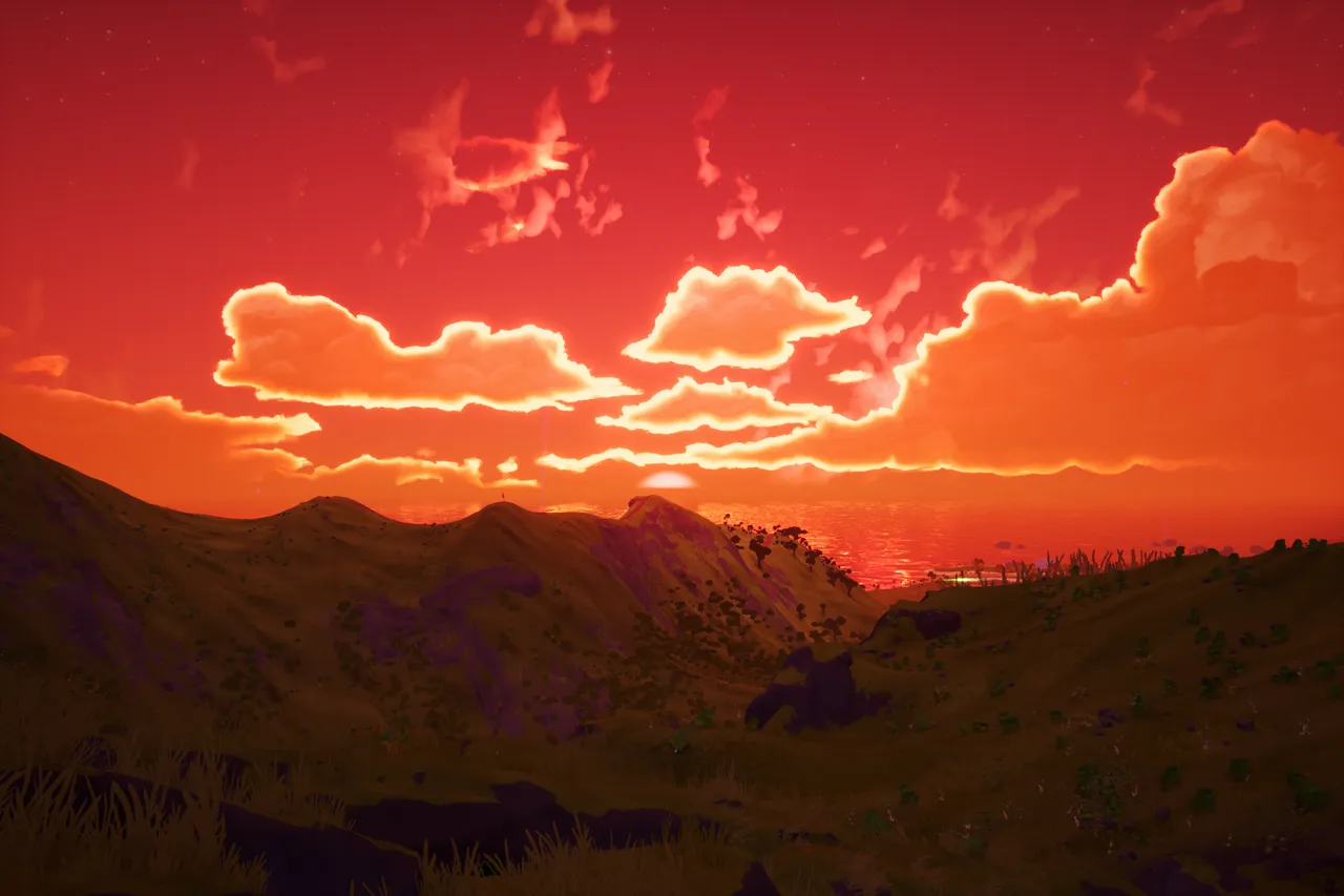 An island valley at sunset