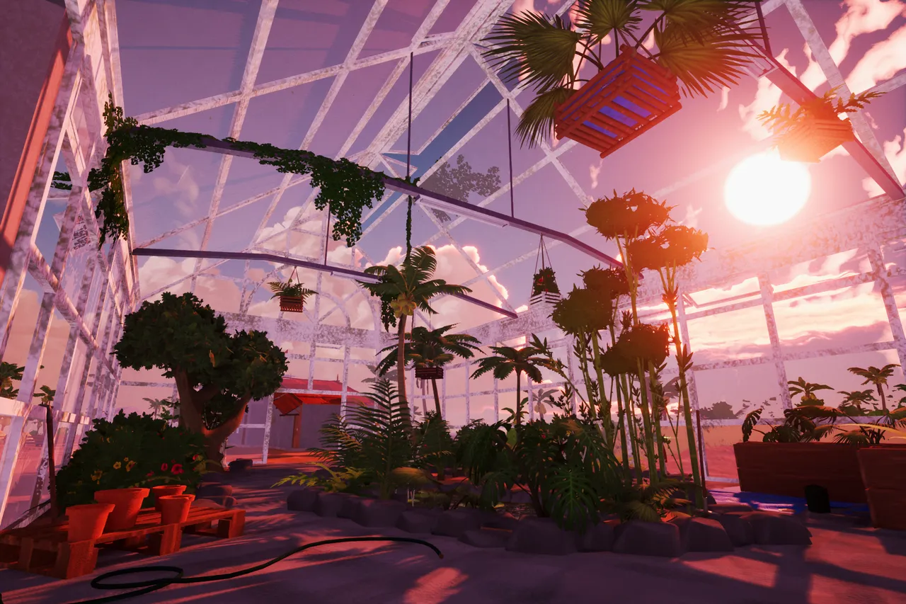 Interior greenhouse. The sun shines through the transparent ceiling