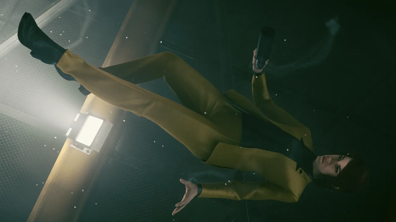 Jesse Faden, wearing a yellow suit, floating down at an inverted angle
