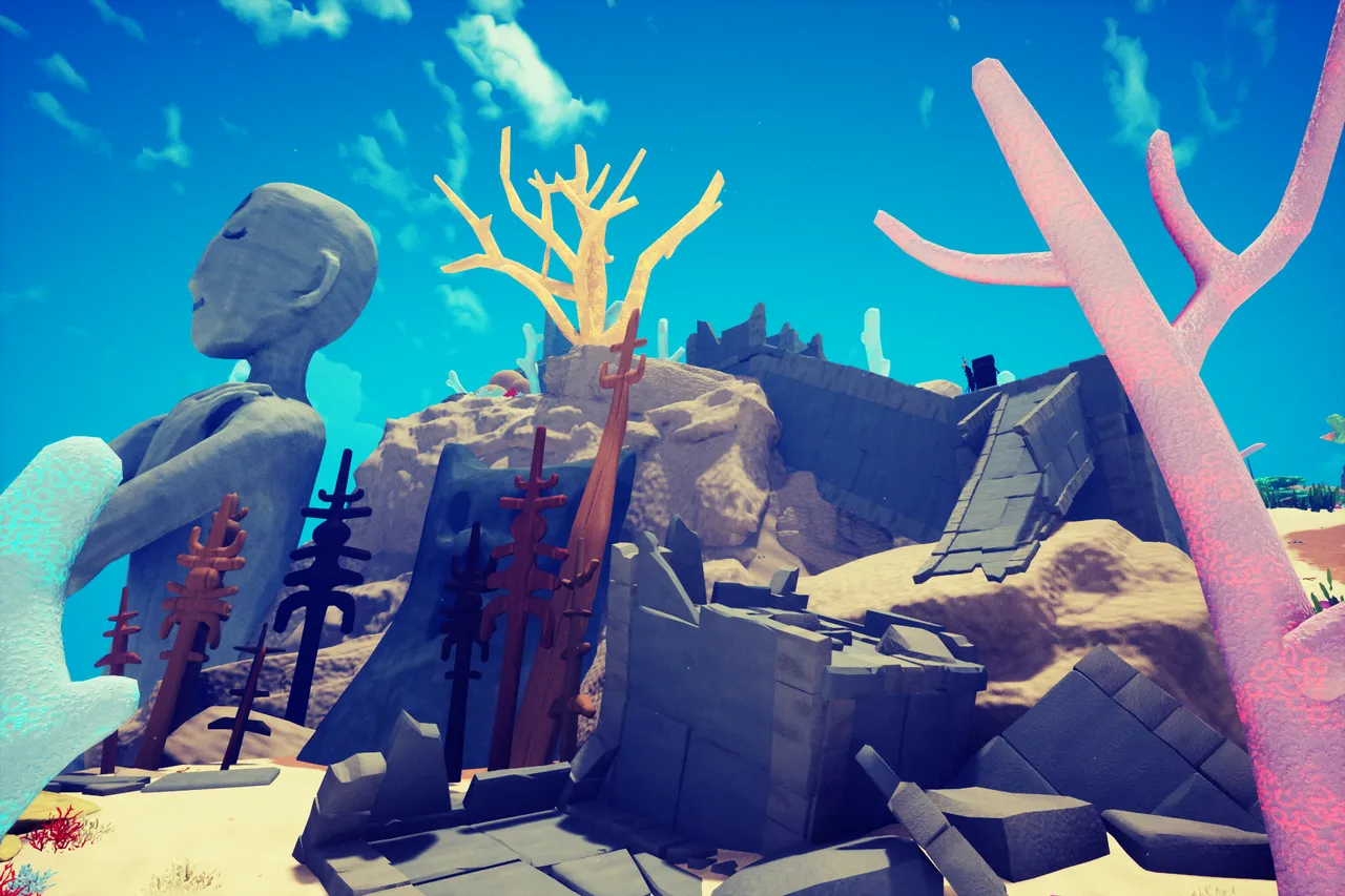 Ruins of an island featuring large coral and human statue