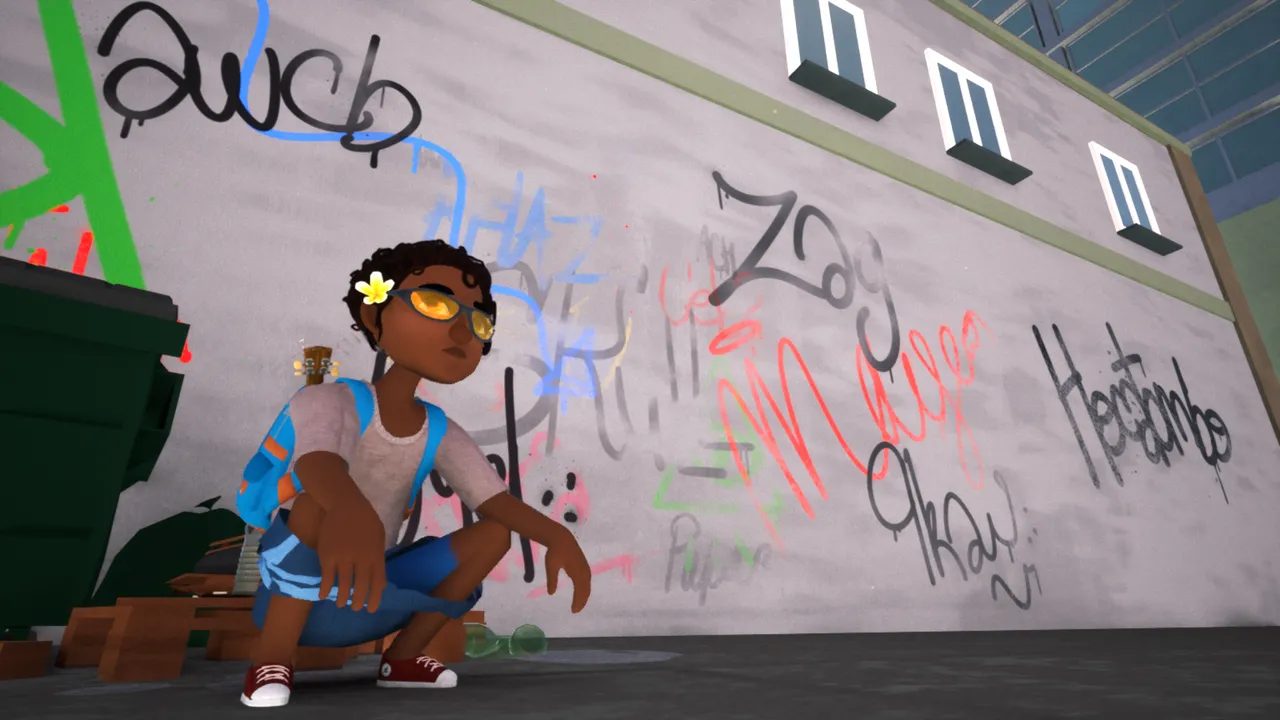 A young girl squats in front of a wall of graffiti lookin dope